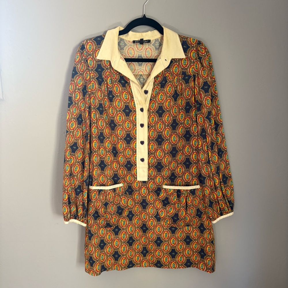 Vintage 90s Y2K Betsey Johnson Tapestry Print Long Sleeve Shift Dress 70s Style